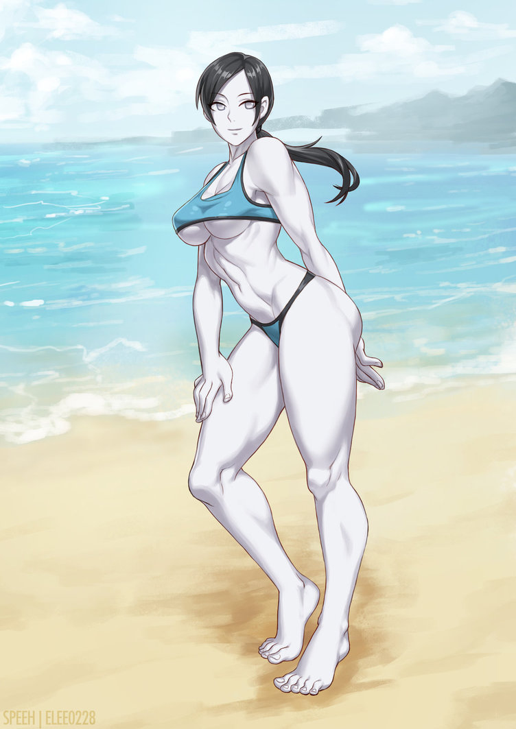 barefoot beach black_hair breasts cloud day elee0228 full_body large_breasts long_hair muscle muscular_female ocean outdoors ponytail silver_eyes sky solo standing swimsuit tankini underboob water white_skin wii_fit wii_fit_trainer