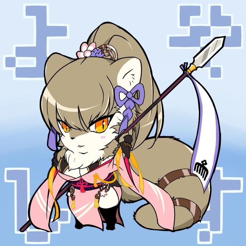 anthro asahina_yasuyoshi blue_background blush breasts chibi cleavage clothed clothing fur japanese_text legwear mammal melee_weapon muramasa:_princess_commander neck_tuft orange_eyes pe_3 polearm ponytail sengoku_bushouki_muramasa silicon_studio simple_background spear stockings text tuft weapon