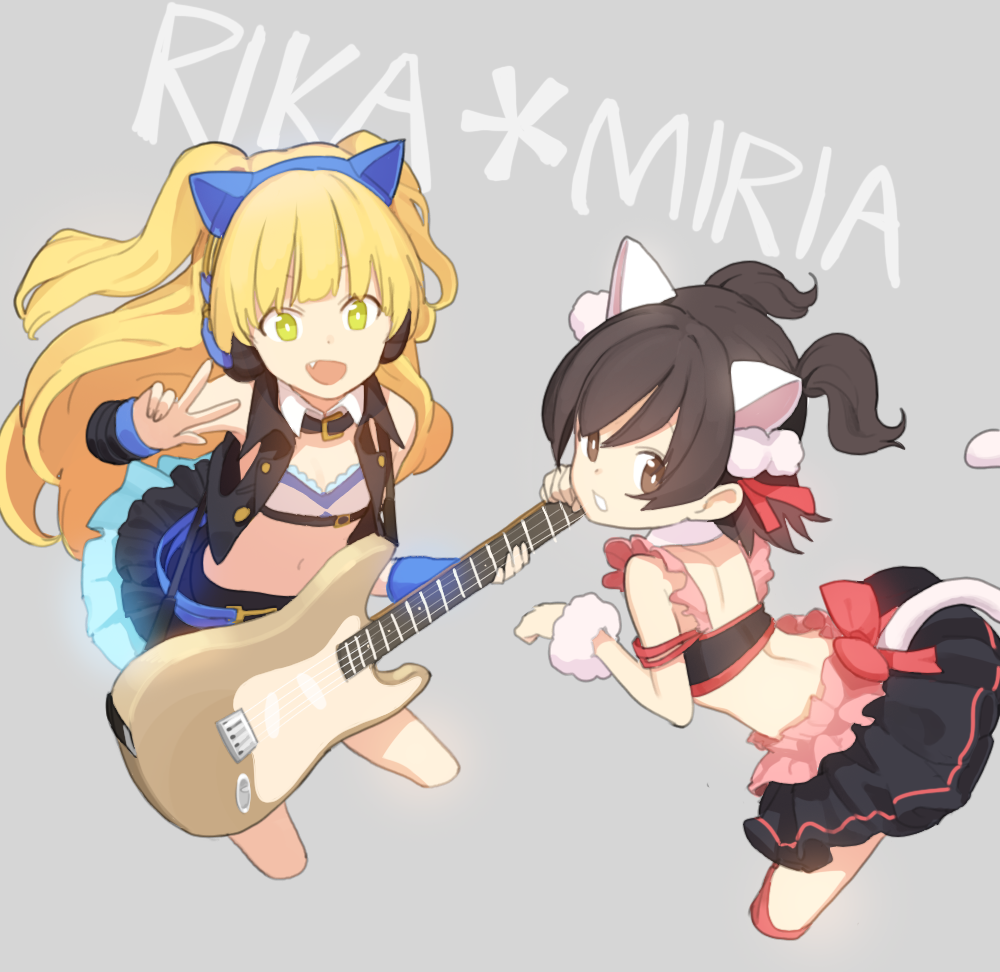 :d akagi_miria animal_ears asterisk_(idolmaster) bent_over black_hair blonde_hair blush brown_eyes cat_ears cat_tail character_name collar cosplay cropped_legs doremi fang green_eyes grey_background guitar headphones idolmaster idolmaster_cinderella_girls instrument jougasaki_rika long_hair looking_at_viewer maekawa_miku maekawa_miku_(cosplay) multiple_girls navel open_mouth paw_pose short_hair simple_background skirt smile tada_riina tada_riina_(cosplay) tail two_side_up v w