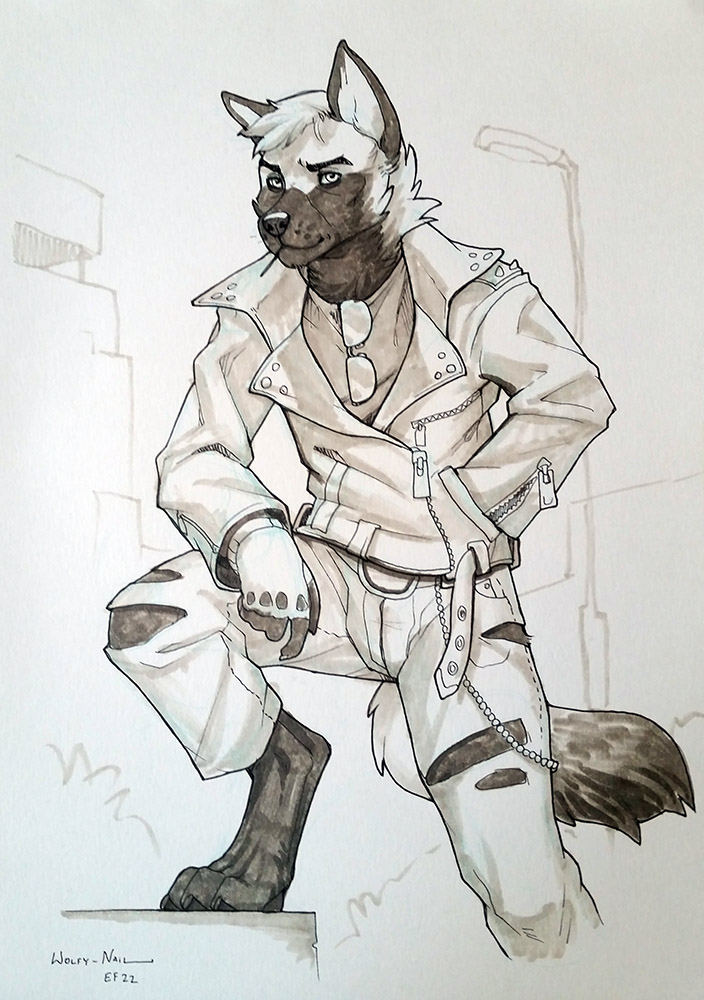 5_fingers anthro barefoot black_nose canine clothed clothing detailed digitigrade eyewear gloves hair hand_in_pocket jacket leather leather_jacket male mammal pants solo standing sunglasses torn_clothing torn_pants white_hair wolf wolfy-nail