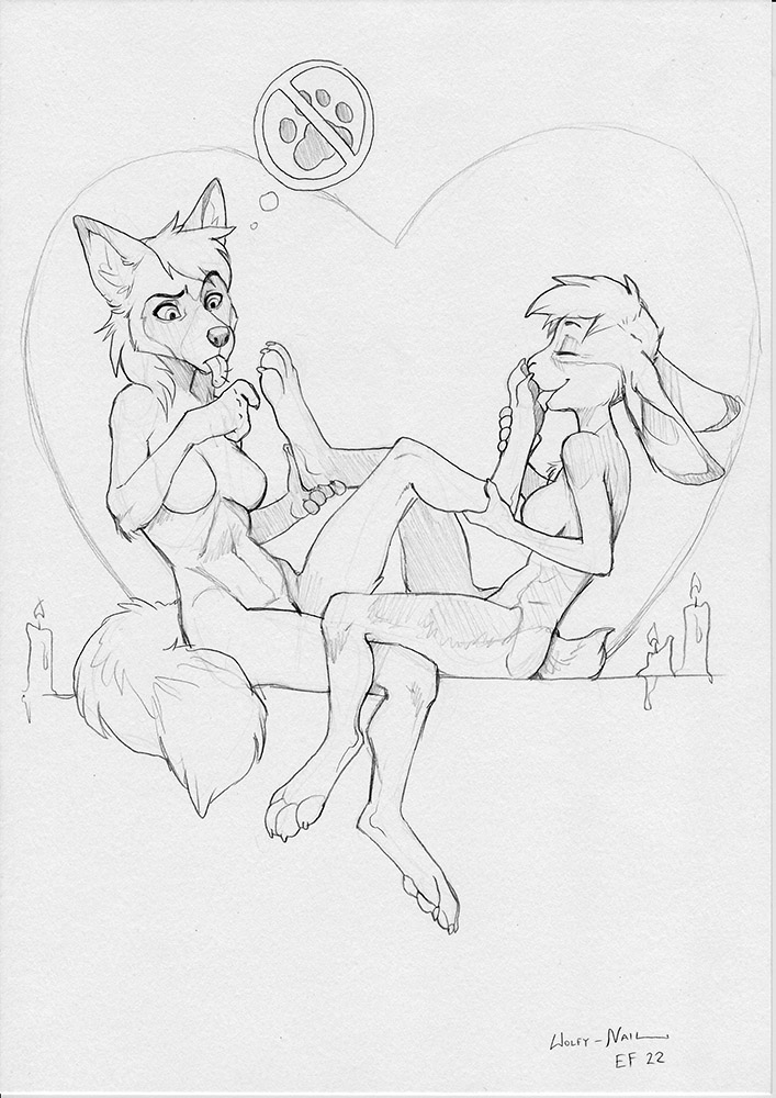 4_toes 5_fingers anthro black_and_white breasts candle canine duo eyebrows eyelashes eyes_closed featureless_breasts female female/female fluffy fluffy_tail foot_fetish fox fur grey_nose hair lagomorph licking mammal midriff monochrome navel nude rabbit simple_background sitting sketch slim toes tongue tongue_out white_background wide_hips wolfy-nail