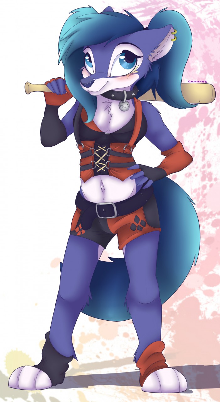 3_toes 5_fingers anthro baseball_bat blue_eyes blue_fur blue_hair blue_nose breasts canine collar ear_piercing fluffy fluffy_tail fur hair inner_ear_fluff kela mammal midriff mistydash navel piercing ponytail simple_background smile solo standing toes white_fur wide_hips