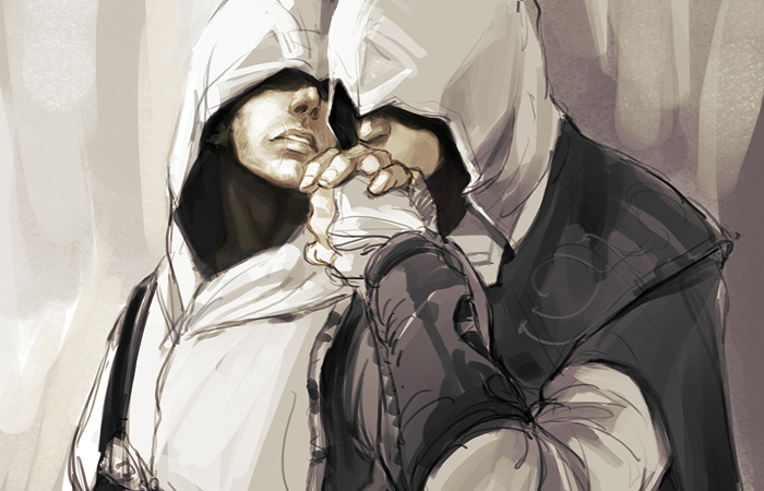 altair_ibn_la-ahad assassin's_creed cape couple ezio_auditore gloves jacket kiss yaoi