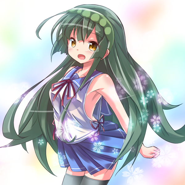 green_hair green_hairband hairband long_hair open_mouth ryogo skirt smile solo thighhighs touhoku_zunko very_long_hair vocaloid voiceroid