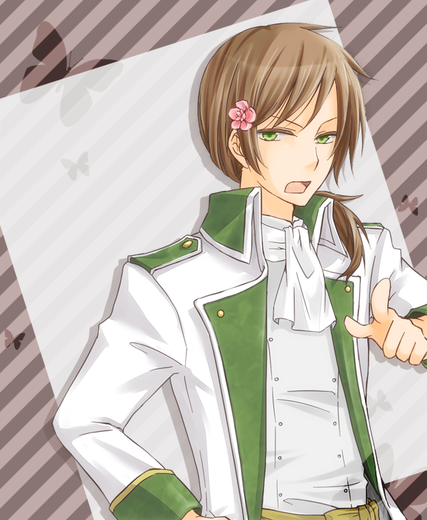 axis_powers_hetalia brown_hair flower genderswap green_eyes hungary jacket long_hair ponytail tasuku uniform