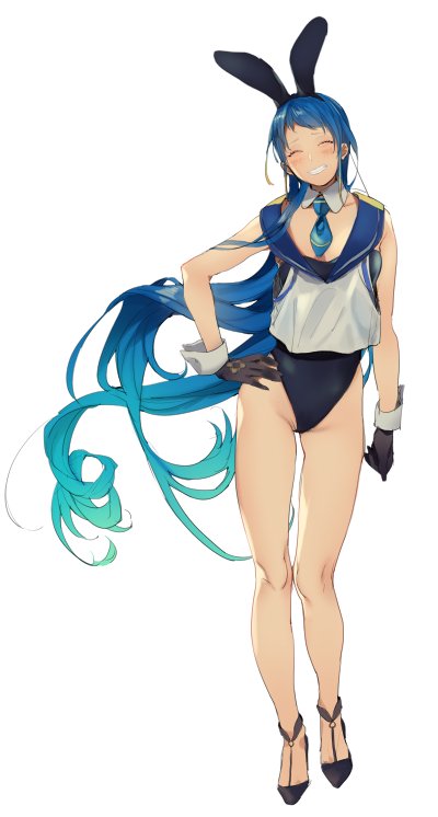 adapted_costume animal_ears asuna_(i_luv) bare_legs blue_hair bunny_ears bunnysuit closed_eyes detached_collar fake_animal_ears full_body gloves gradient_hair grin hairband hand_on_hip kantai_collection long_hair multicolored_hair necktie sailor_collar samidare_(kantai_collection) simple_background smile solo standing tailcoat very_long_hair white_background wrist_cuffs