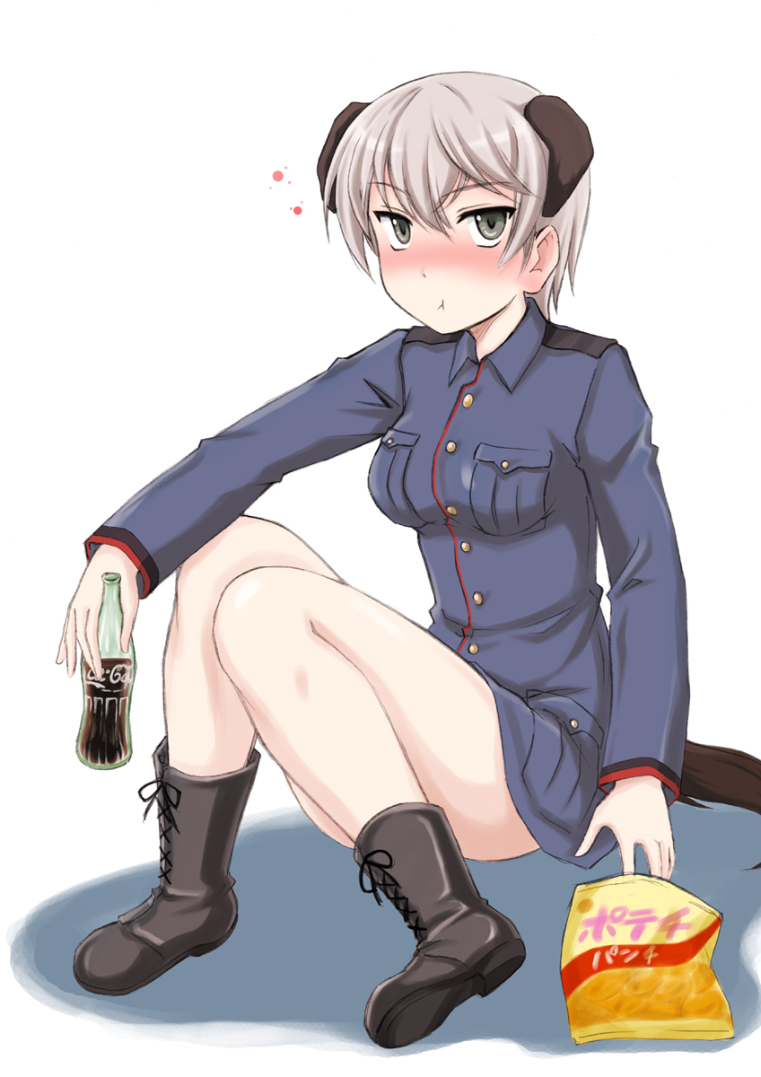 animal_ears bangs black_footwear blush boots bottle chips coca-cola cross-laced_footwear dog_ears dog_tail eating food green_eyes highres holding laura_toth looking_at_viewer military military_uniform no_pants potato_chips short_hair silver_hair sitting solo tail uniform wan'yan_aguda world_witches_series