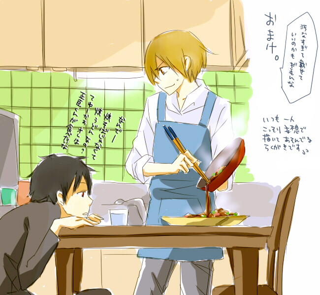 apron beverage black_hair blonde_hair cooking durarara!! food kida_masaomi orihara_izaya pants red_eyes short_hair sweat yellow_eyes