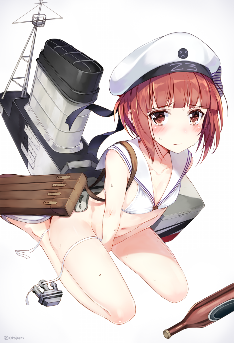 amagai_tarou anchor bangs beer_bottle bikini blunt_bangs blush bottle breasts brown_eyes brown_hair character_name clothes_writing collarbone cooler covering covering_crotch embarrassed eyebrows eyebrows_visible_through_hair from_above hat highres kantai_collection looking_at_viewer machinery navel no_socks sailor_bikini sailor_collar sailor_hat sandals seiza simple_background sitting small_breasts smiley_face solo sweat swimsuit twitter_username untied untied_bikini white_background white_bikini white_hat z3_max_schultz_(kantai_collection)