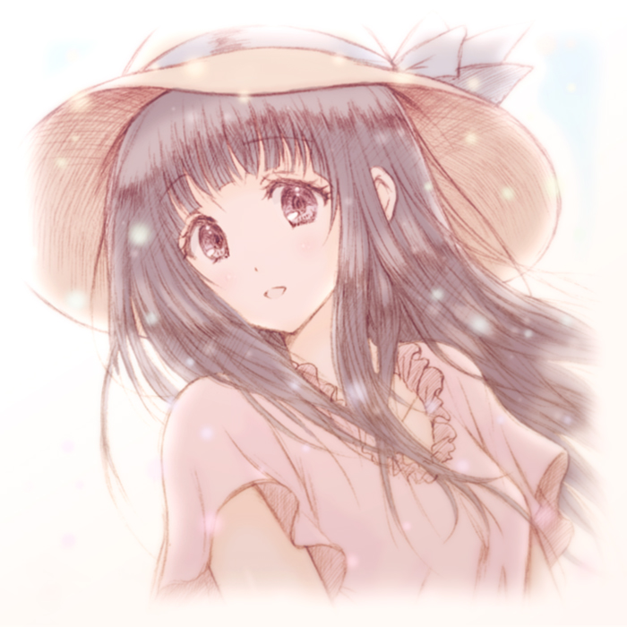 black_hair bluez chitanda_eru hat hyouka light_particles long_hair looking_at_viewer muted_color open_mouth portrait purple_eyes simple_background smile solo sun_hat tareme white_background