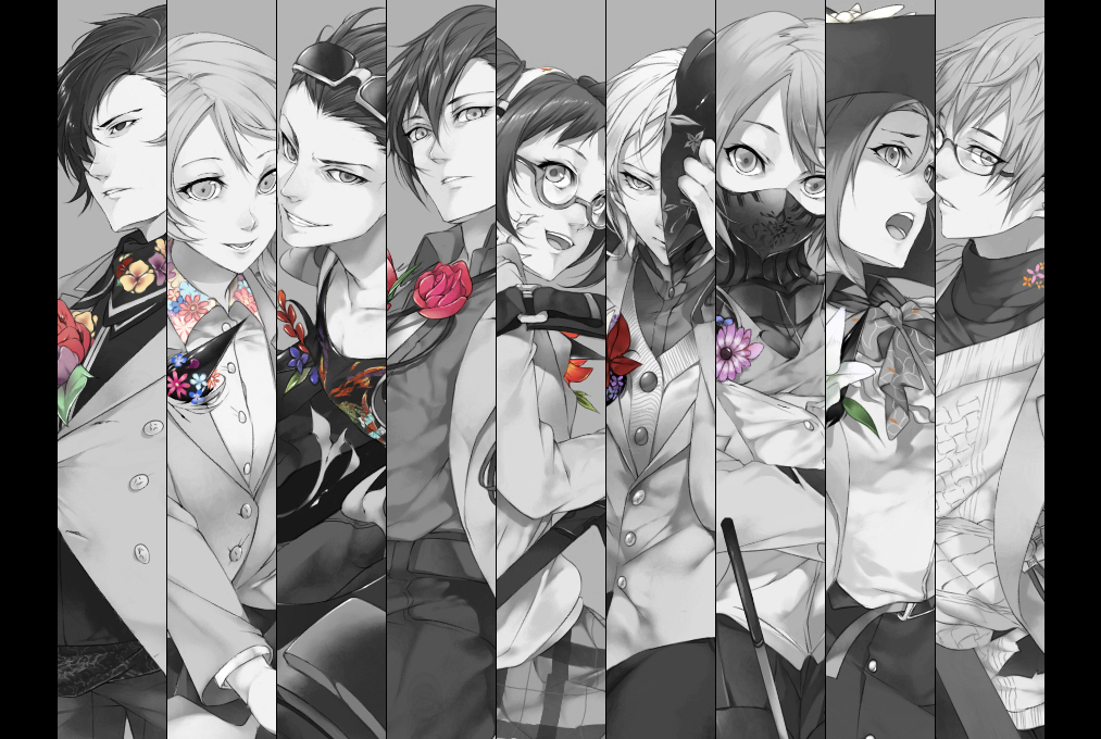 5boys caligula_(game) cardigan column_lineup eyewear_on_head face_mask floral_print flower grin half_mask hand_on_own_face haruno14 hat hibiki_kensuke kagura_suzuna kashiwaba_kotono looking_at_viewer mask minesawa_izuru monochrome morita_naruko multiple_boys multiple_girls protagonist_(caligula) satake_shougo shinohara_mifue short_hair smile spot_color tomoe_kotarou_(caligula) witch_hat