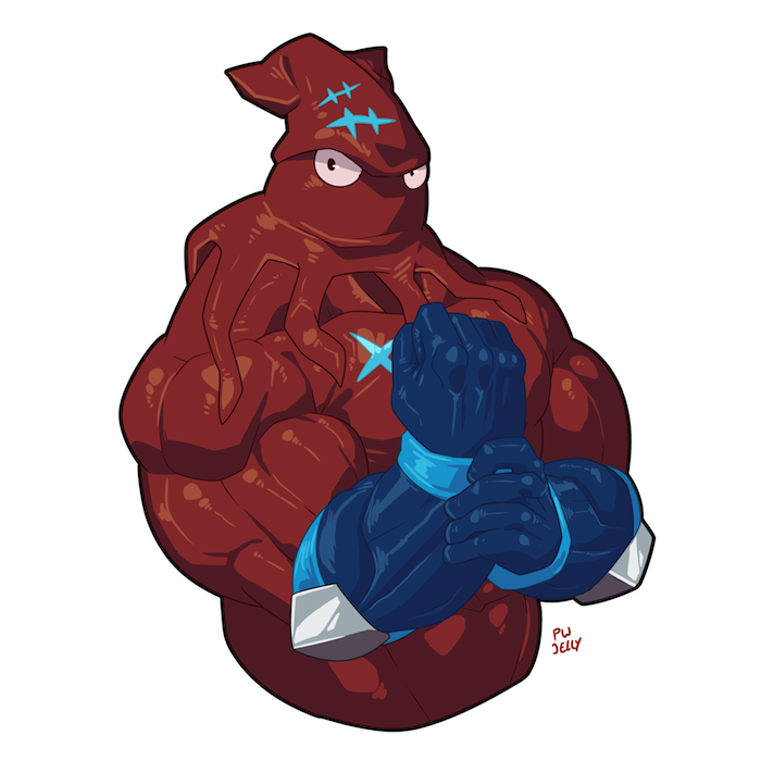 5_fingers abs anthro biceps big_biceps big_muscles blue_clothing calamari cephalopod clothed clothing colored cyan_scales digital_drawing_(artwork) digital_media_(artwork) fin fist flexing front_view frown giant_squid glare gloves half-length_portrait huge_muscles light manly marine muscular navel no_iris noseless pinup plain_white portrait pose red_scales samudra_aquarium scales scar shaded shiny_body signature simple_background solo squid symbol tentacle_hair tentacles thick_neck topless white_background wrestler
