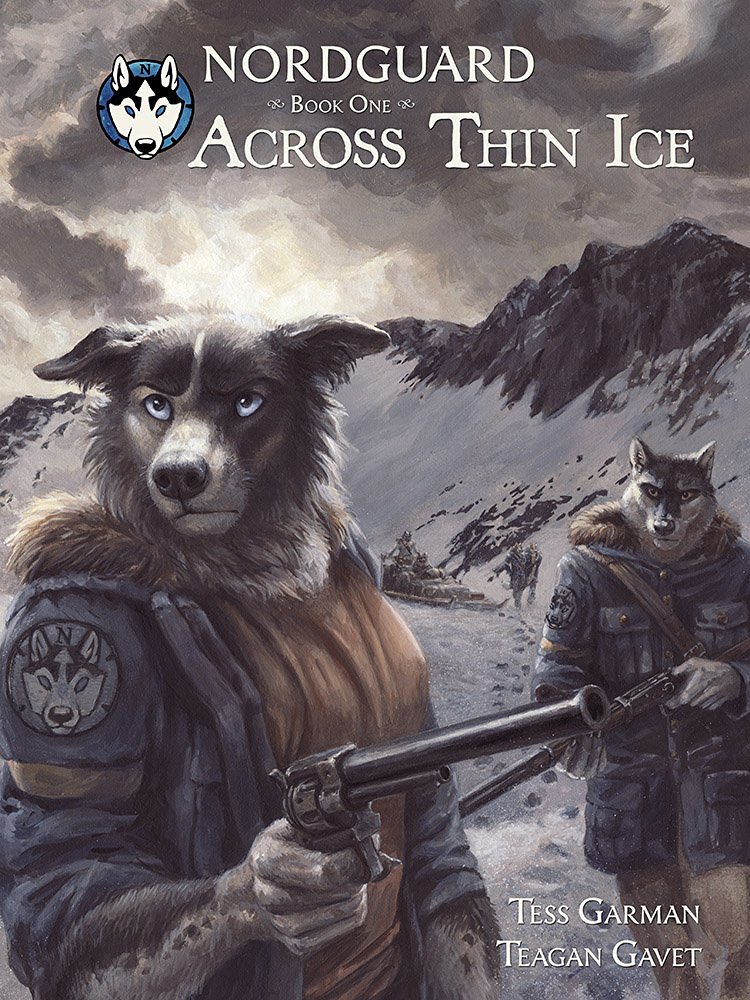 5_fingers anthro blotch blue_eyes canine clothed clothing cloud comic cover_image female foot_prints fully_clothed fur gun handgun humanoid_hands male mammal mountians outside ranged_weapon revolver sled snow traditional_media_(artwork) weapon
