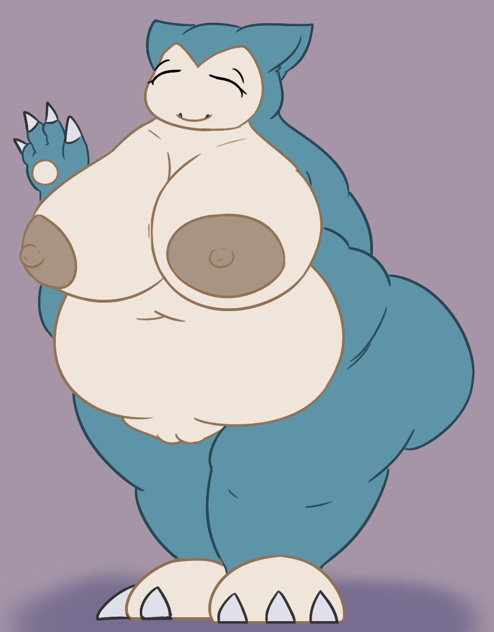 anthro areola barefoot belly big_breasts blue_skin breasts claws cute_fang erect_nipples eyes_closed female huge_breasts looking_at_viewer mammal navel nintendo nipples nude overweight pok&eacute;mon posexe pussy simple_background snorlax solo standing thick_thighs video_games wide_hips