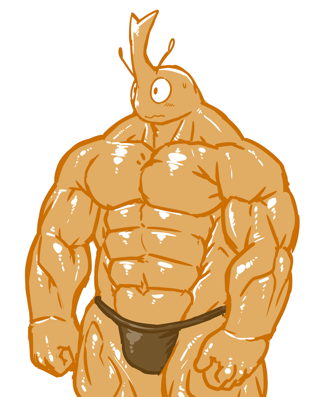 2016 5_fingers abs antennae arthropod beetle biceps big_biceps big_eyes big_muscles blush brown_clothing clothed clothing colored cute digital_drawing_(artwork) digital_media_(artwork) fist flat_colors front_view ground_beetle huge_muscles humanoid_hands insect light male manly muscular muscular_male navel no_iris noseless orange_body pecs pinup plain_white portrait pose quads serratus shiny shiny_body shy simple_background skimpy solo sweat thick_neck thong three-quarter_portrait topless triceps white_background