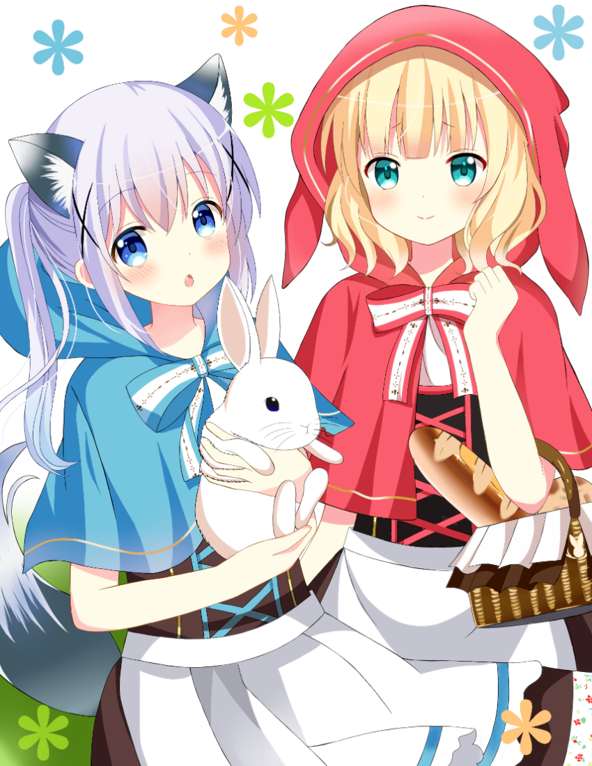 alternate_costume alternate_hair_color alternate_hairstyle animal animal_ears animal_hood aqua_eyes baguette basket blonde_hair blue_eyes blue_hair bread bunny chestnut_mouth closed_mouth commentary_request corset cosplay dress eyebrows eyebrows_visible_through_hair fang food gochuumon_wa_usagi_desu_ka? gradient_hair hair_between_eyes hair_ornament holding holding_animal hood kafuu_chino kemonomimi_mode kirima_sharo lavender_hair little_red_riding_hood little_red_riding_hood_(grimm) little_red_riding_hood_(grimm)_(cosplay) long_hair looking_at_viewer md5_mismatch multicolored_hair multiple_girls open_mouth ponytail red_hood ryoutan smile tail two-tone_hair white_background wolf_ears wolf_tail x_hair_ornament