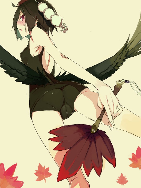 ass back backless_outfit bare_back bare_shoulders black_hair black_wings blush cameltoe fakepucco fan from_below hands hat hauchiwa leaf looking_at_viewer looking_back low_wings one-piece_swimsuit open_mouth red_eyes school_swimsuit shameimaru_aya short_hair solo swimsuit tokin_hat touhou wings