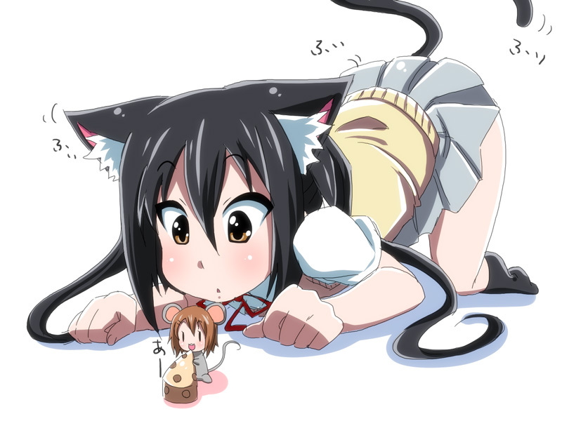 animal_costume animal_ears black_hair brown_eyes brown_hair cat_ears cat_tail cheese food hirasawa_yui k-on! long_hair minigirl mouse_costume mouse_ears mouse_tail multiple_girls nakano_azusa satsuki_imonet school_uniform tail twintails |_|