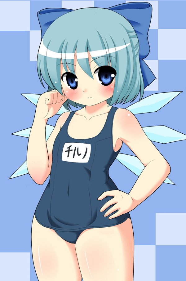bad_id bad_pixiv_id blue_eyes blue_hair bow character_name cirno hair_bow kyokutou_hentai_samurai name_tag one-piece_swimsuit school_swimsuit short_hair solo swimsuit touhou wings