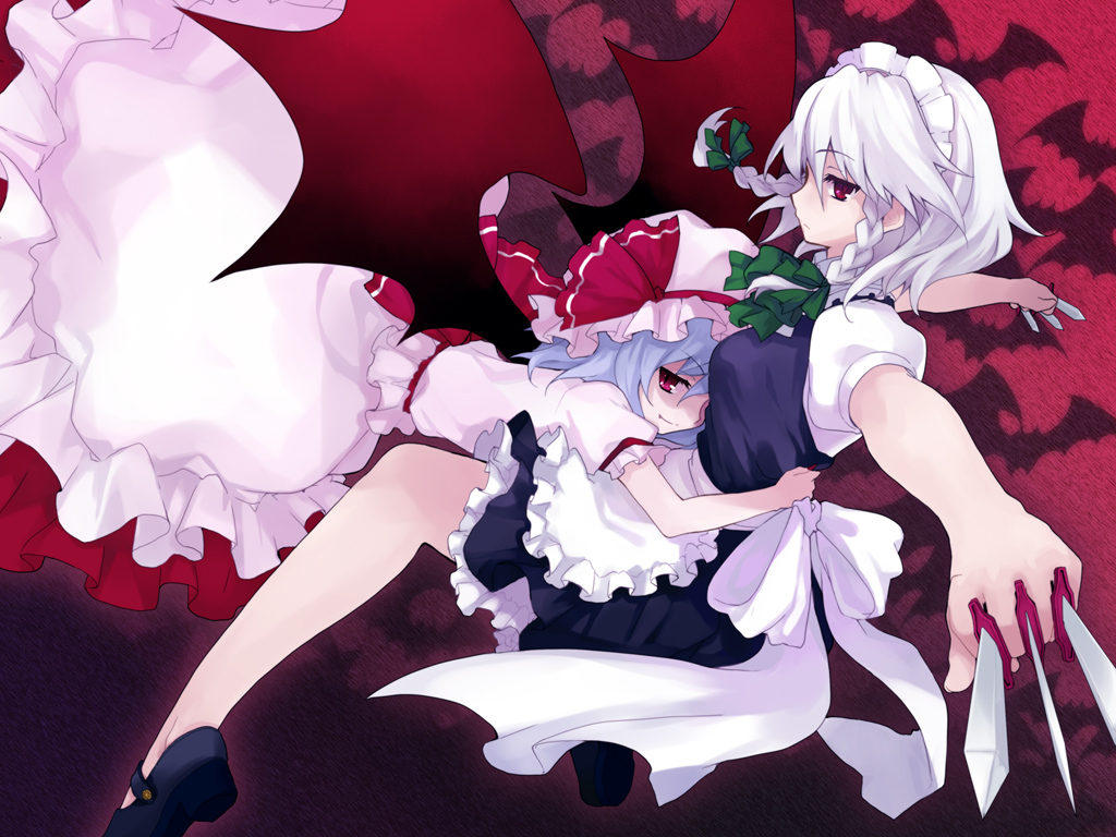 bat_wings between_fingers blue_hair braid hat hug izayoi_sakuya knife koto_(colorcube) maid maid_headdress mary_janes multiple_girls no_socks outstretched_arms red_eyes remilia_scarlet shoes silver_hair smirk spread_arms touhou twin_braids wings