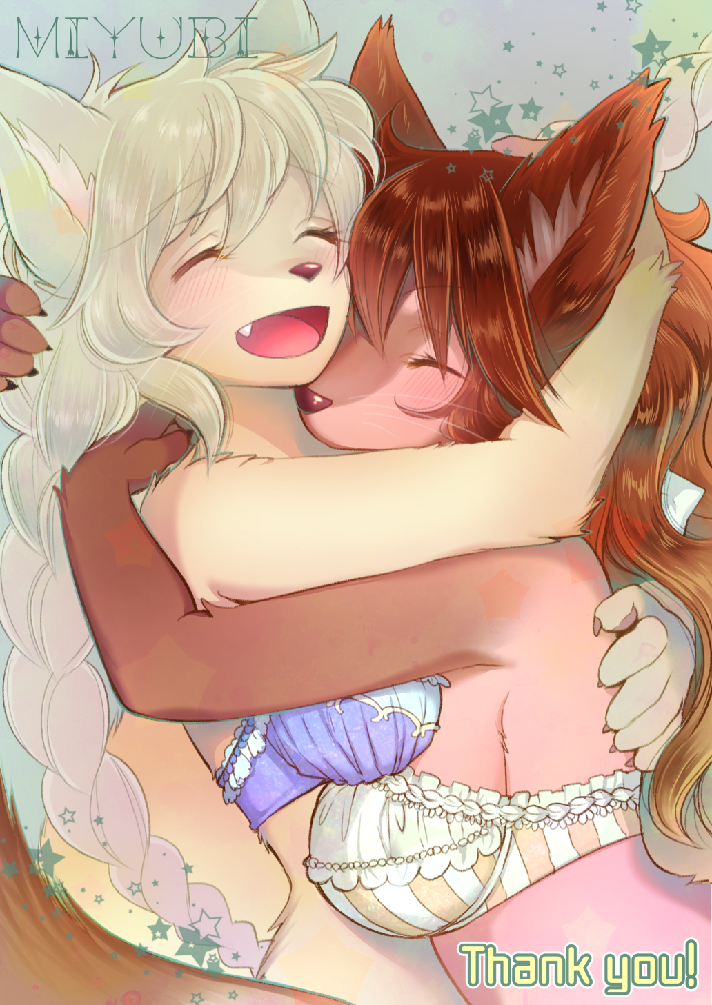 2girls ^_^ bikini brown_hair dog eyes_closed furry hug kiichi_(ca0sf) long_hair multiple_girls mutual_hug smile top white_hair