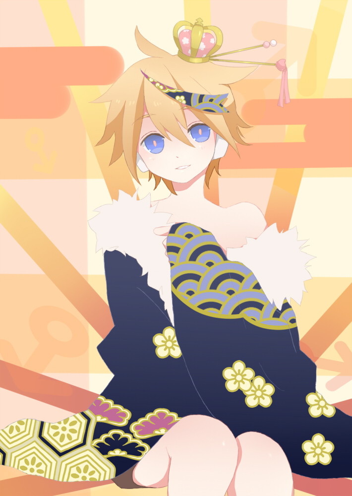 1boy blonde_hair blue_eyes blush crown egasumi floral_print fur gigantic_o.t.n_(vocaloid) gohan hanairi_kikkou hand_on_own_chest headphones honeycomb_pattern japanese_clothes kagamine_len male_focus multicolored_hair seigaiha sitting smile solo traditional_clothes vocaloid