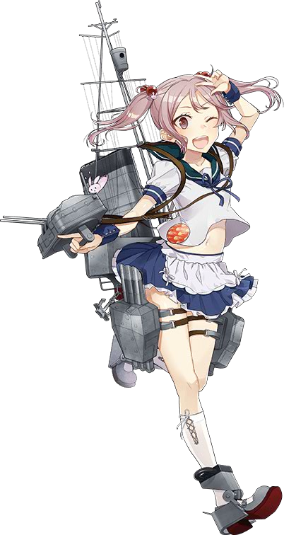 ;d adapted_costume anchor apron arm_up badge blue_skirt bunny drew_(drew213g) frilled_skirt frills full_body gun hair_bobbles hair_ornament holding holding_gun holding_weapon kantai_collection kneehighs looking_at_viewer machinery navel official_art one_eye_closed open_mouth pet pink_eyes pink_hair puffy_short_sleeves puffy_sleeves sailor_collar sazanami_(kantai_collection) school_uniform serafuku short_hair short_sleeves skirt smile solo transparent_background turret twintails w waist_apron weapon white_legwear wrist_cuffs