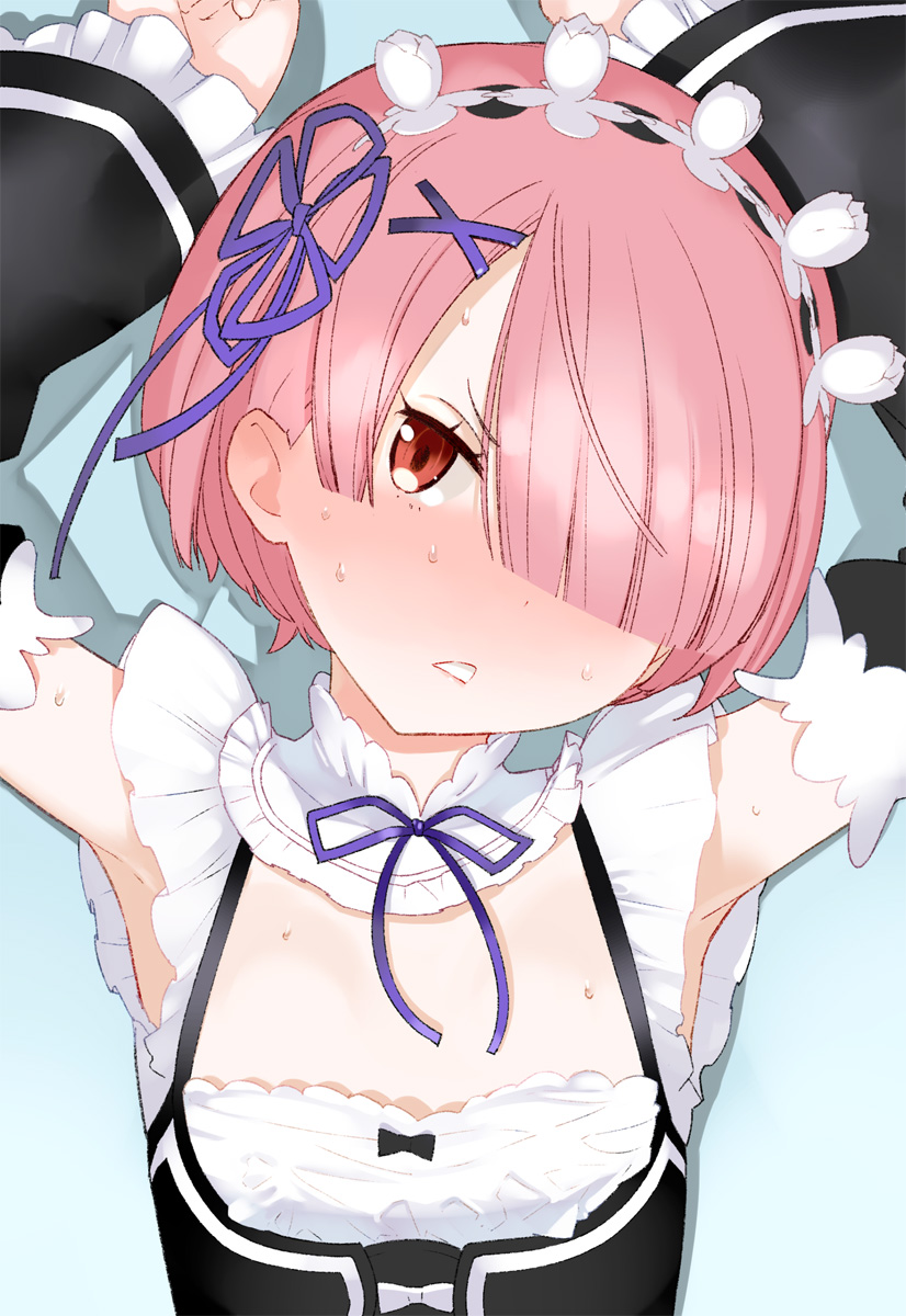 armpits arms_up black_bow blush bow detached_sleeves flat_chest frilled_sleeves frills frown hair_ornament hair_over_one_eye hairclip highres long_sleeves maid maid_headdress okazaki_takeshi pink_hair purple_ribbon ram_(re:zero) re:zero_kara_hajimeru_isekai_seikatsu red_eyes ribbon short_hair solo sweat white_bow wide_sleeves