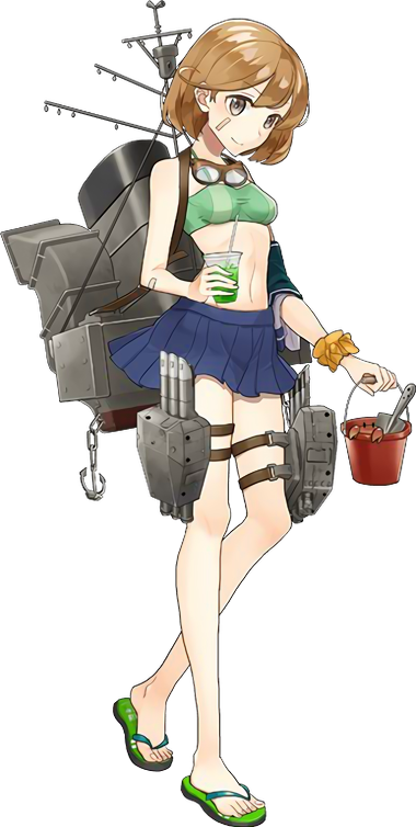 anchor bandaid bandaid_on_arm bandaid_on_face bare_shoulders bikini bikini_top blue_skirt breasts bucket crab drew_(drew213g) drinking_straw full_body goggles goggles_around_neck kantai_collection light_brown_hair looking_at_viewer machinery midriff navel oboro_(kantai_collection) official_art open_mouth pet pleated_skirt sandals scrunchie shirt_removed short_hair skirt small_breasts smokestack soda solo swimsuit thigh_strap torpedo transparent_background wrist_scrunchie