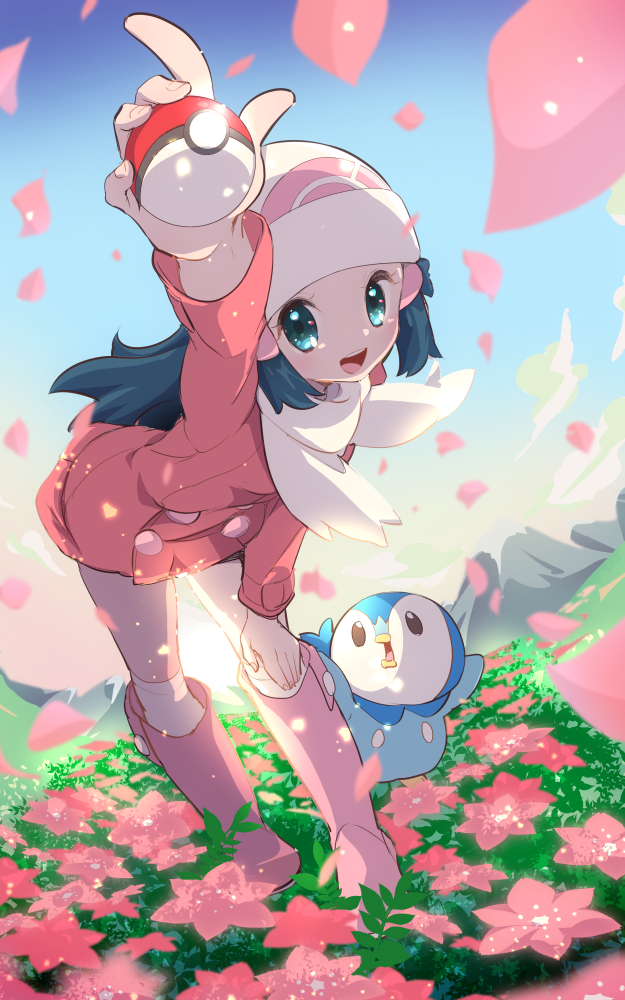 1girl arm_up beanie black_eyes blue_eyes blue_hair blue_skyy blush boots chorimokki cloud creatures_(company) day female field flower flower_field full_body game_freak gen_4_pokemon hair_ornament hairclip hand_on_own_knee happy hat hikari_(pokemon) holding holding_poke_ball knee_boots kneehighs light_blush long_hair long_sleeves looking_at_viewer mountain nintendo open_mouth outdoors outstretched_arm petals pink_coat pink_flower pink_footwear piplup poke_ball poke_ball_(generic) poke_ball_symbol poke_ball_theme pokemon pokemon_(creature) pokemon_(game) pokemon_dppt pokemon_platinum smile standing teeth white_hat white_legwear