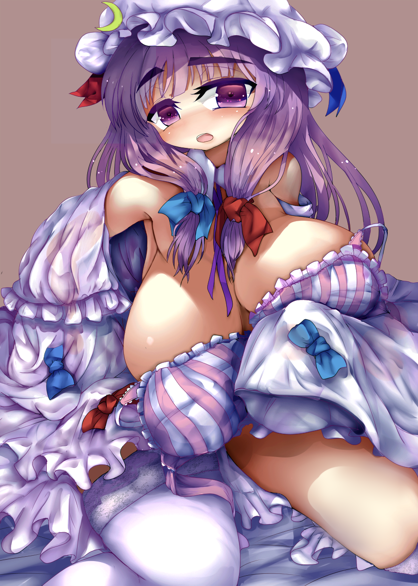 1girl amii bare_shoulders blush bra breasts dress female hat highres huge_breasts long_hair long_skirt looking_at_viewer open_mouth patchouli_knowledge purple_eyes purple_hair sagging_breasts simple_background sitting skirt solo striped_bra the_embodiment_of_scarlet_devil thighhighs touhou white_legwear