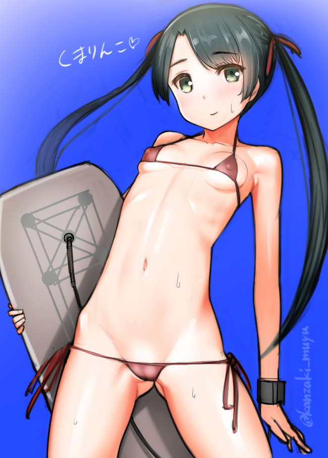 artist_name ass_visible_through_thighs bad_id bad_pixiv_id bare_arms bare_shoulders bikini blue_background blue_sky blush breasts closed_mouth collarbone contrapposto covered_nipples cowboy_shot day eyebrows eyebrows_visible_through_hair green_eyes green_hair groin hair_ribbon halter_top halterneck heart holding kantai_collection kanzaki_muyu long_hair looking_at_viewer lowleg lowleg_bikini micro_bikini mikuma_(kantai_collection) navel outdoors red_bikini red_ribbon ribbon ribs side-tie_bikini sketch sky slender small_breasts smile solo standing stomach surfboard sweat sweatdrop swimsuit text_focus translation_request twintails wristband