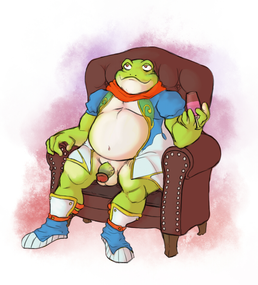 amphibian anthro armchair balls boots bottomless breath_of_fire chair circumcised clothed clothing flaccid footwear frog glass humanoid_penis jean_(breath_of_fire) navel open_shirt overweight penis pinup pose reclining scarf sitting smile vein veiny_penis video_games wkd