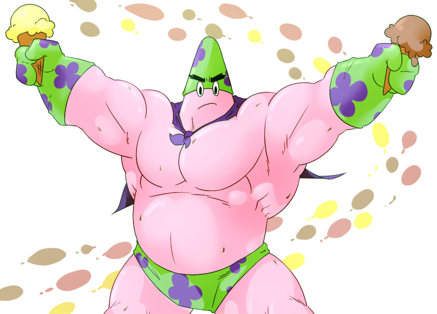 2014 black_eyebrows cape clothed clothing colored dessert digital_drawing_(artwork) digital_media_(artwork) food frown gloves green_clothing happyending huge_muscles ice_cream light looking_at_viewer male manly musclegut muscular muscular_male nickelodeon no_iris noseless patrick_star pecs pink_body portrait serratus shaded shiny_body shorts simple_background spongebob_squarepants standing three-quarter_portrait toony topless white_background