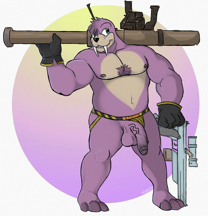 anthro balls barefoot clothed clothing front_view gloves gun holding_object holding_weapon humanoid_penis jockstrap male mammal marine musclegut navel nipples partially_retracted_foreskin pecs penis pinniped pinup poking_out pose ranged_weapon rifle rocket_launcher rotor_the_walrus signature solo sonic_(series) standing topless tusks uncut underwear underwear_aside vein veiny_penis walrus weapon wkd