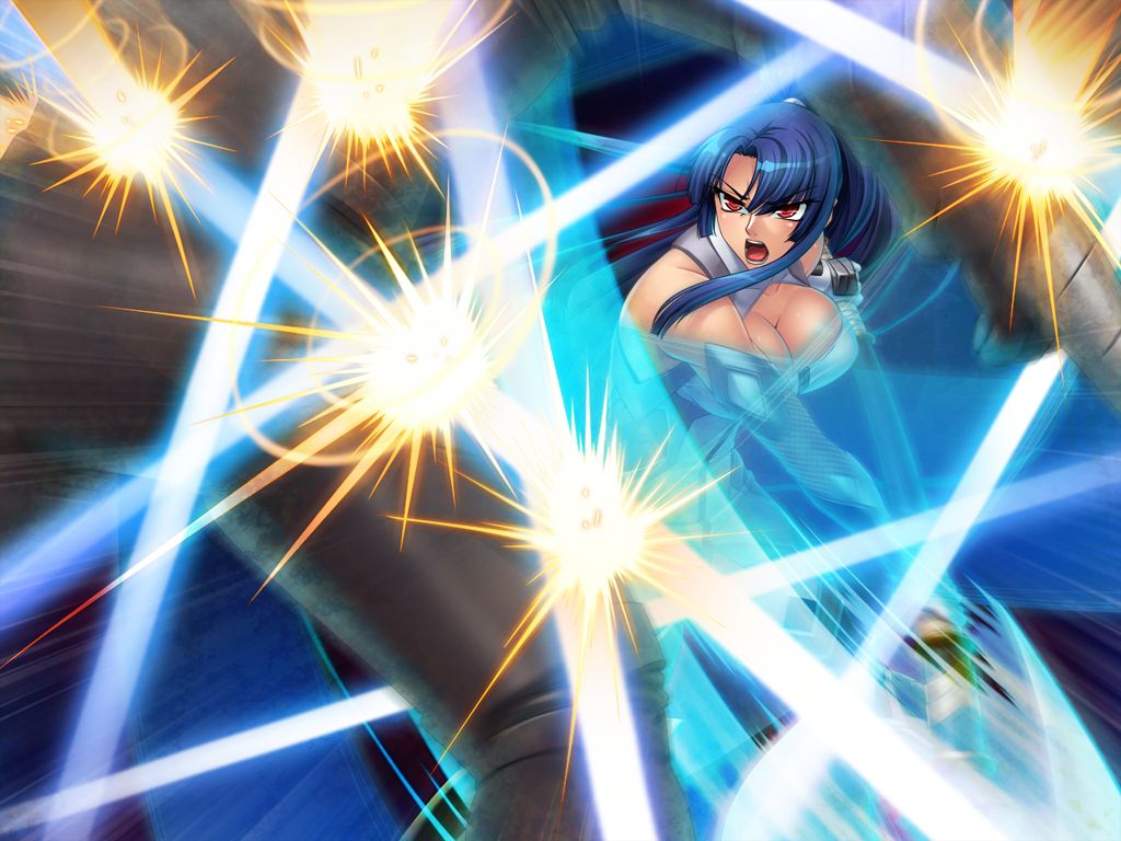 1girl axe battle blue_hair breasts female fight game_cg kagami_hirotaka large_breasts lilith-soft no_bra open_mouth ponytail red_eyes solo taimanin_asagi taimanin_asagi_3 taimanin_murasaki violence weapon yatsu_murasaki