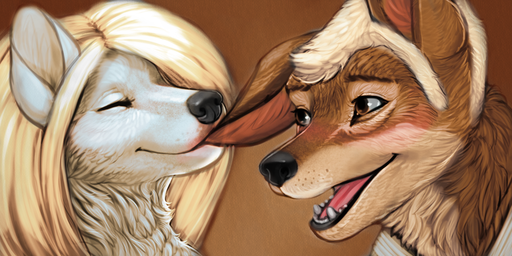 2013 ambiguous_form ambiguous_gender bite black_lips blonde_hair brown_background brown_eyes brown_fur canine digital_media_(artwork) digital_painting_(artwork) duo ear_biting eyes_closed face_to_face fur hair headshot_portrait icon mammal mates melody_(kel_mel) multicolored_hair nibbling open_mouth pink_tongue portrait shaded simple_background soft_shading tan_fur theowlette tongue two_tone_hair white_fur