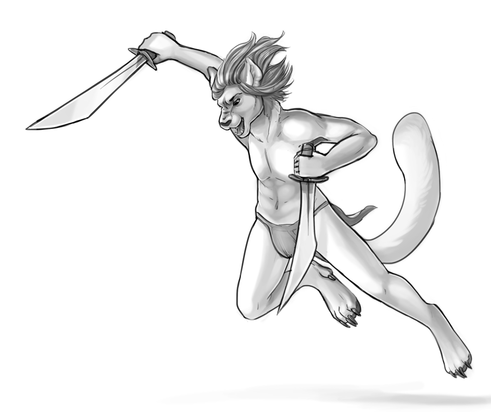 2013 action_pose armpits athletic battle bent_arm bent_leg canine claws clothed clothing cyrrix digital_drawing_(artwork) digital_media_(artwork) feline hair holding_object holding_weapon hybrid jumping leopard loincloth looking_down male mammal melee_weapon monochrome open_mouth partially_clothed pawpads raised_arm shaded shadow sharp_teeth short_hair simple_background sketch smile snow_leopard soft_shading solo sword teeth theowlette tongue topless weapon white_background wolf