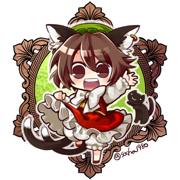 :3 :d animal_ears brown_eyes brown_hair cat cat_ears cat_tail chen chibi hat looking_at_viewer mob_cap multiple_tails open_mouth short_hair smile socha solo tail touhou twitter_username waving