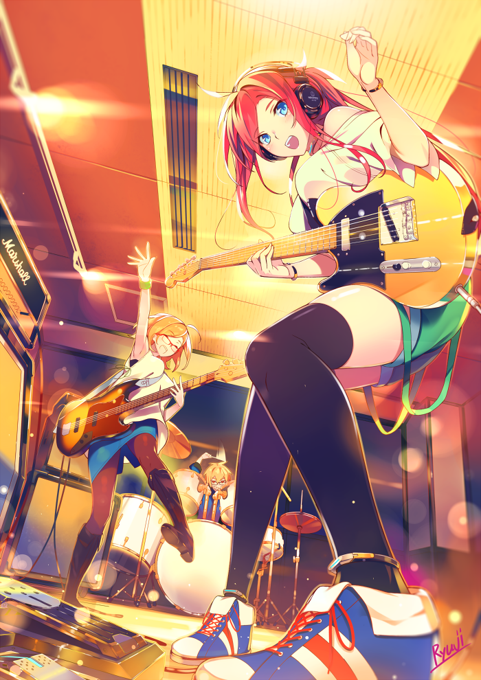 ahoge amplifier anklet arm_above_head artist_name audio-technica bass_guitar black_legwear blonde_hair blue_eyes blue_footwear blue_skirt blush boots bracelet closed_eyes commentary_request drum drum_set drumming electric_guitar from_below glasses green_shorts guitar hand_up headphones hiwatari_makoto ichinose_tomoe indoors instrument jazz_bass jewelry knee_boots light_particles long_hair marshall multiple_girls music open_mouth original pantyhose playing_instrument red-framed_eyewear red_hair ryuji_(ikeriu) shirt shoelaces shoes shorts skirt sleeveless sleeveless_shirt sneakers standing standing_on_one_leg studio teeth telecaster thighhighs white_shirt window wristband