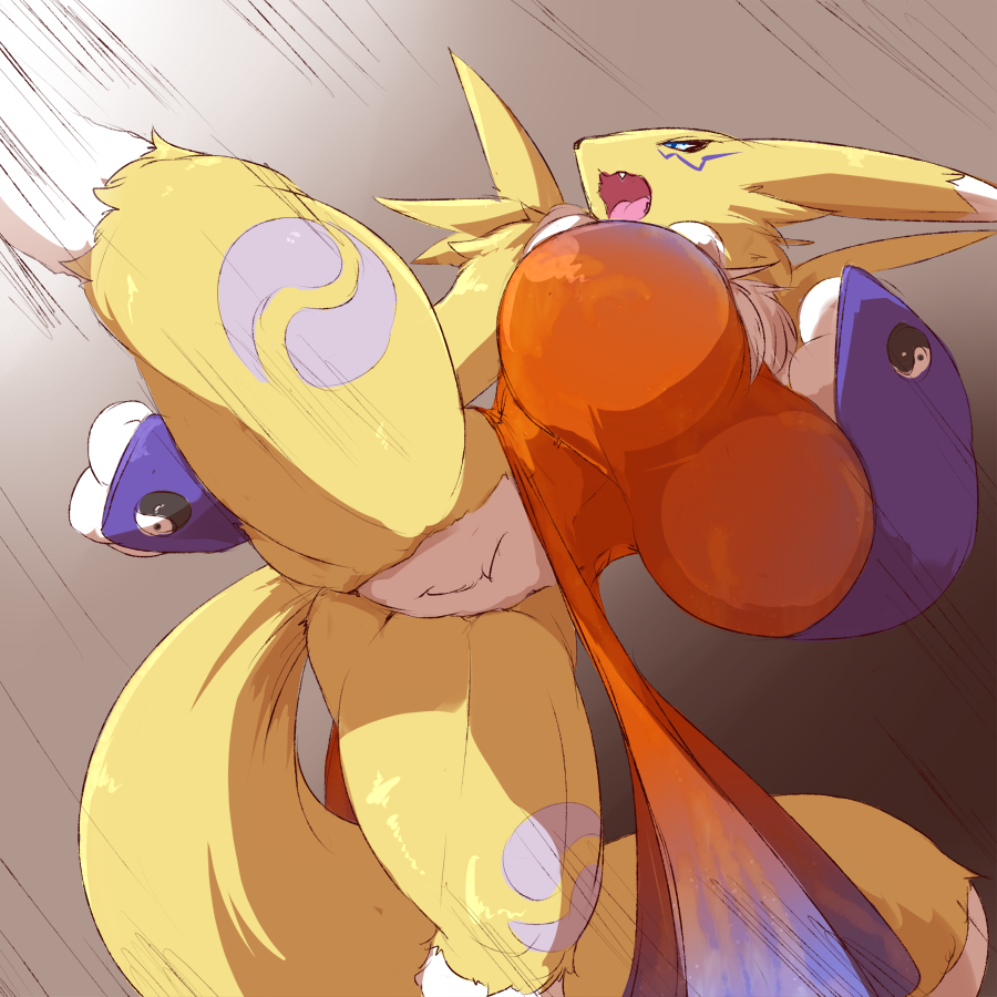 2016 action_pose anthro big_breasts bottomless breasts bridal_gauntlets canine clothed clothing digimon fdokkaku featureless_crotch female fox fur grey_background huge_breasts kick mammal markings mostly_nude open_mouth purple_markings raised_leg renamon simple_background solo spread_legs spreading teeth thick_thighs tongue tuft white_fur yellow_fur