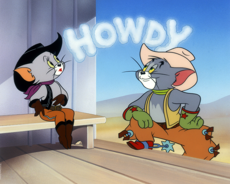 animated boots cat clothing cowboy cowboy_hat cowgirl_pussycat_(tom_and_jerry) english_text feline female footwear fur grey_fur hat letters male mammal outside smoke spurs text tom_and_jerry unknown_artist western