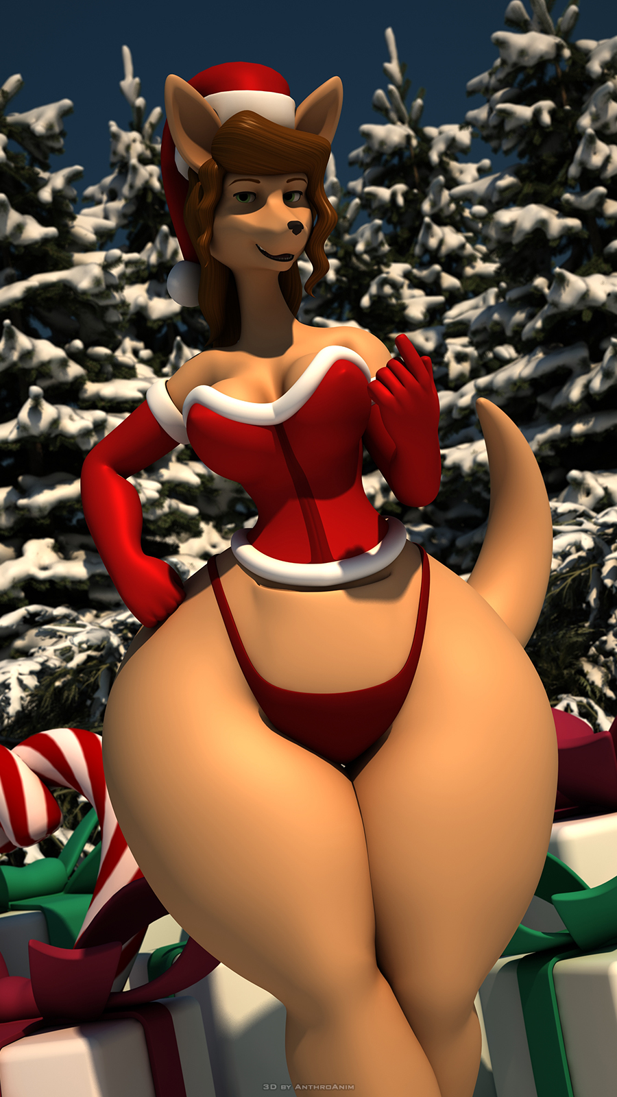 2015 3d_(artwork) abigail_roo anthro anthroanim big_butt breasts brown_hair butt christmas clothed clothing detailed_background digital_media_(artwork) female forest gift hair hat holidays huge_butt kangaroo looking_at_viewer mammal marsupial open_mouth outside pose santa_hat smile snow solo standing tree wide_hips