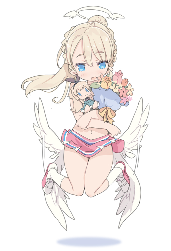 :3 alice_(grimms_notes) angel_wings birthday blade_(galaxist) blonde_hair blue_eyes blush braid character_doll cheerleader floating french_braid full_body grimms_notes halo liliana_hart long_hair open_mouth pleated_skirt pointy_ears ponytail pop-up_story skirt smile solo white_background wings