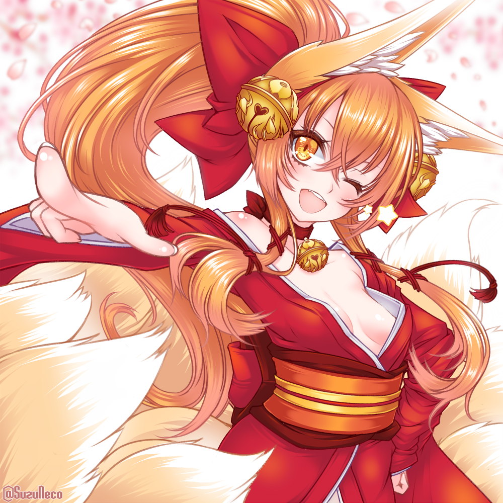 ;d animal_ears bad_perspective bell bell_choker blurry blush bow breasts cherry_blossoms choker commentary_request depth_of_field eyelashes eyeliner foreshortening fox_ears fox_girl fox_tail hair_bell hair_bow hair_ornament hair_ribbon hand_on_hip head_tilt japanese_clothes jingle_bell kimono kitsune kyuubi long_hair long_sleeves looking_at_viewer makeup multiple_tails no_bra obi one_eye_closed open_mouth orange_hair original petals pointing ponytail red_bow red_kimono red_ribbon ribbon sash sidelocks small_breasts smile solo star suzuneko_(yume_no_kyoukai) tail tress_ribbon twitter_username upper_body wide_sleeves