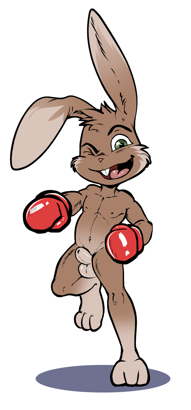 action_pose animal_genitalia anthro athletic balls boxing_gloves buckteeth front_view fully_sheathed green_eyes grin jerseydevil lagomorph looking_at_viewer male mammal mostly_nude navel nipples on_one_leg one_eye_closed open_mouth pecs punching rabbit sheath solo standing teeth wink