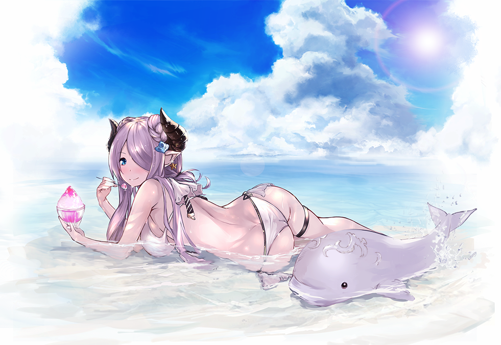 ass bikini blue_eyes blue_sky butt_crack cloud cloudy_sky day draph earrings granblue_fantasy hair_ornament hair_over_one_eye horns jewelry lavender_hair long_hair looking_at_viewer lying narmaya_(granblue_fantasy) on_side on_stomach outdoors partially_submerged pointy_ears ramuda_(guilty931) shaved_ice sky smile solo spoon sun swimsuit thigh_strap water whale white_bikini