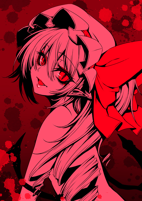 :d blood blood_splatter bow drill_hair fang flandre_scarlet from_side hat hat_bow head_tilt lips looking_at_viewer looking_to_the_side mob_cap nude open_mouth pointy_ears red_bow red_eyes side_ponytail slit_pupils smile solo spot_color suzuneko_(yume_no_kyoukai) touhou upper_body wings