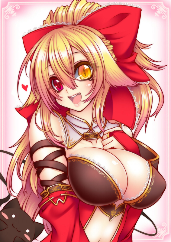 :d animal arm_strap bare_shoulders black_cat blonde_hair blush blush_stickers bow breasts bridal_gauntlets cat cleavage collarbone detached_collar detached_sleeves fang frame hair_bow heart heterochromia lace_trim long_hair looking_at_viewer medium_breasts navel open_mouth original pink_eyes ponytail red_bow red_eyes smile solo suzuneko_(yume_no_kyoukai) teeth upper_body