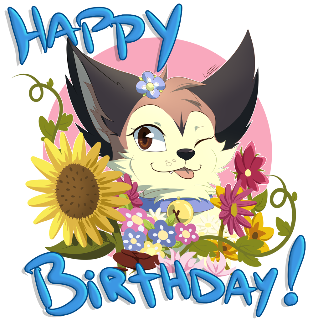 alpha_channel bell_collar birthday black_nose canine cheek_tuft collar countershading cute_fang english_text eyebrows eyelashes fennec feral flower flower_in_hair fox front_view fur headshot_portrait inner_ear_fluff leeomon looking_at_viewer mammal mary_(thatwildmary) multicolored_fur one_eye_closed pink_tongue plant portrait signature simple_background smile solo sunflower tan_fur text tongue tongue_out transparent_background tuft two_tone_fur white_fur wink